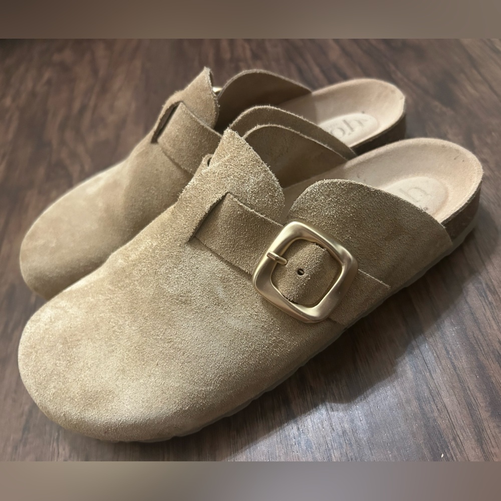 Yokono Tan Suede Mules with Gold Buckle